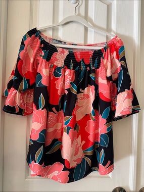 SHEIN Off-Shoulder Floral Blouse in Black and Coral